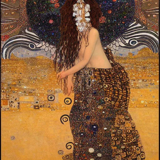 Image similar to goddess in desert, intricate detail, klimt, royo, whealan,