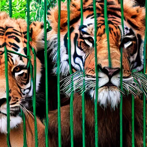 Image similar to lion and a tiger roaring in cage at the zoo