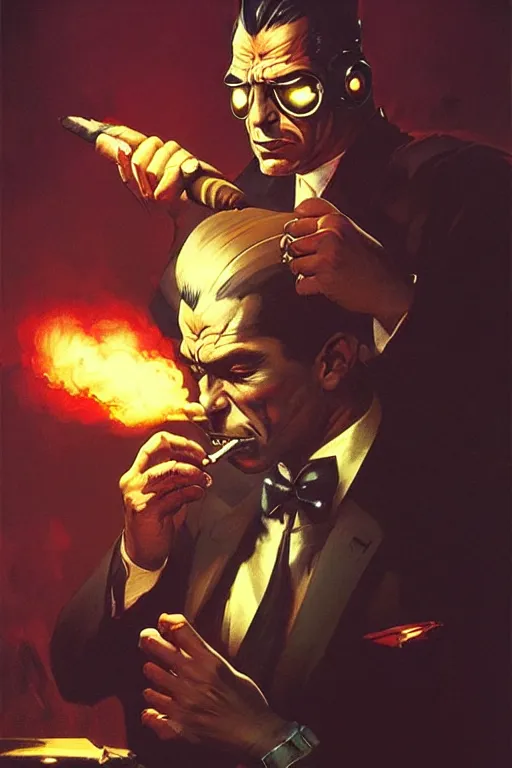 Image similar to A mafia boss lighting a cigar in a cyberpunk setting, by Frank Frazetta, dramatic lighting, high contrast colours, as trending on Artstation, highly detailed,