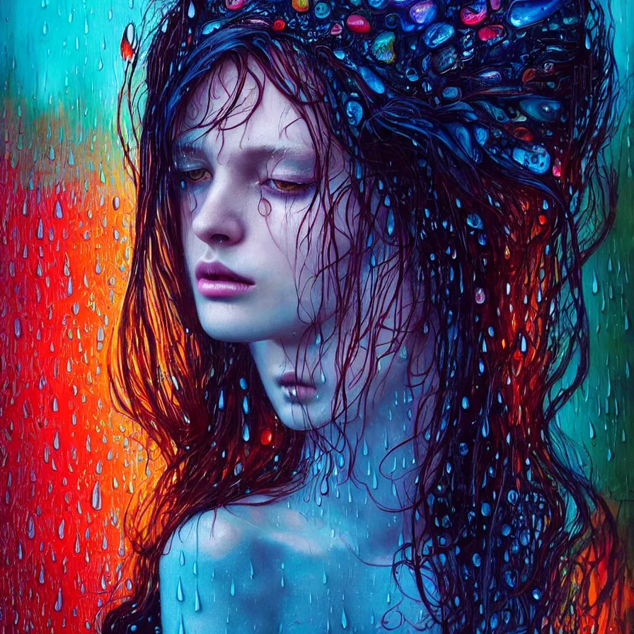 Image similar to bright asthetic portrait of LSD in rain with wet hair and face, liquid, fantasy, intricate, elegant, dramatic lighting, highly detailed, lifelike, photorealistic, digital painting, artstation, illustration, concept art, smooth, sharp focus, art by John Collier and Albert Aublet and Krenz Cushart and Artem Demura and Alphonse Mucha