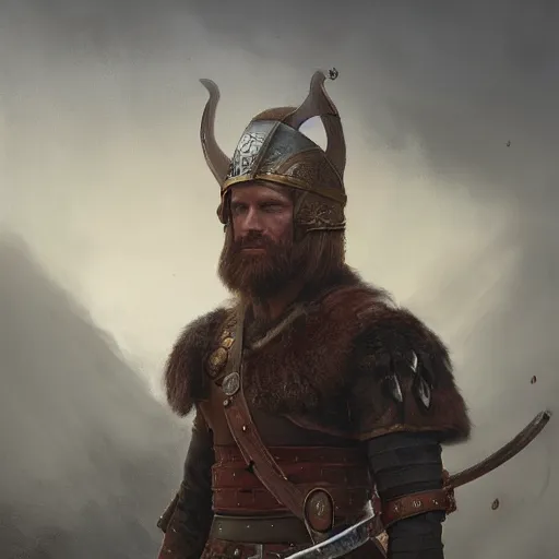 Image similar to a portrait painting of a viking warrior wearing a helmet, digital painting, hyper realistic, nordic mythology, full of details, in the style if greg rutkowski,