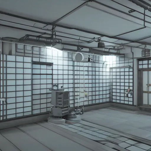 Image similar to still photo of a japanese plant room, highly detailed, photorealistic portrait, bright studio setting, studio lighting, crisp quality and light reflections, unreal engine 5 quality render