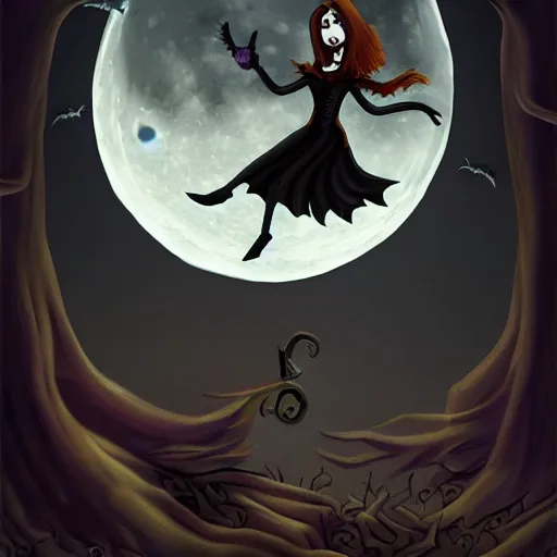 Image similar to A witch flying on a broomstick in front of a full moon, Halloween, digital painting, horror, dark, spooky, moody, artstation, pixiv, by Ekaterina Savic and Barret Frymire