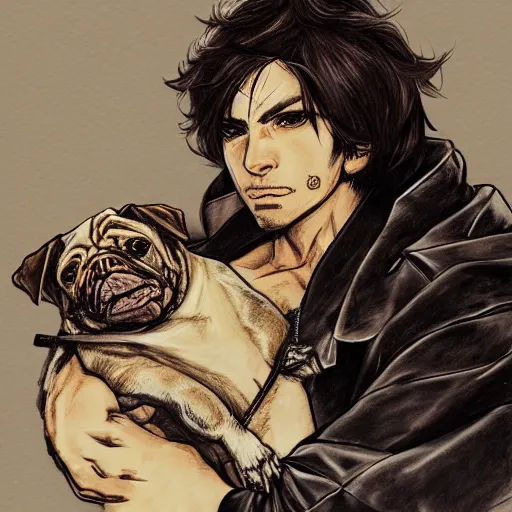 Image similar to self portrait, young white hispanic handsome man with short light brown hair and light skin and a 5 o clock shadow and holding a pug while fighting against 2 swordsmen pencil art, added detail, high definiton, colored, backfacing, illustrated by yoji shinkawa