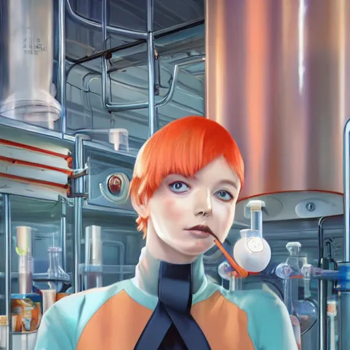 Image similar to British Pokemon original character with wild peach colored hair and heterochromia, Pixar style, beautiful woman, scientist, standing in a lab in front of a giant containment liquid filled tank, by Tristan Eaton Stanley Artgerm and Tom Bagshaw, Makoto Shinkai ilya kuvshinov and Wojtek Fus