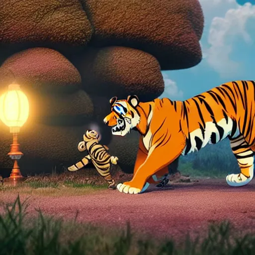 Image similar to a wholesome animation key shot of a tiger fighting a lion, studio ghibli, pixar and disney animation, sharp, rendered in unreal engine 5, anime key art by greg rutkowski, bloom, dramatic lighting