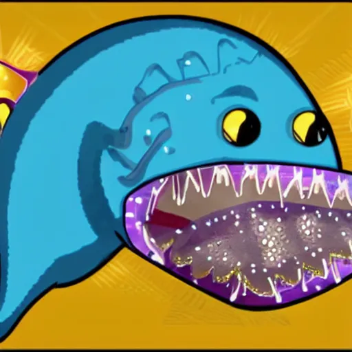 Image similar to A diamond encrusted killer anglerfish with jeweled teeth, the mouth is wide open, inside the mouth is a vegas casino, the fish is dangling a dollar sign in front of it