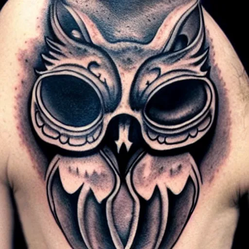 Image similar to surrealistic tattoo of an owl skull