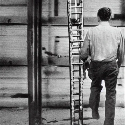 Prompt: photo of a man walking underneath a ladder