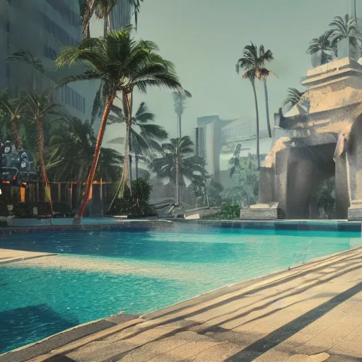 Image similar to a hyperrealistic 3 d render of a crumbling statue in a surreal underground swimming pool surrounded by palm trees and neon lights, vaporwave, unreal engine, octane render, dramatic lighting, volumetric lighting, ultra detailed, photorealistic