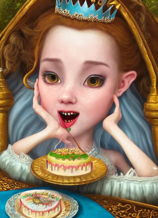 Image similar to highly detailed closeup portrait of a grinning fairytale medieval princess eating birthday cake, unreal engine, nicoletta ceccoli, mark ryden, lostfish, earl norem, global illumination, god rays, detailed and intricate environment