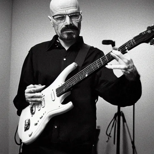 Image similar to walter white electric guitar concert, 1 9 9 0 s camera, film grain