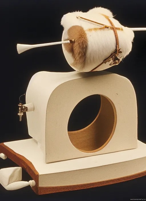 Prompt: realistic photo of a a medieval astronomy appliance model equipment gadget, made of wood white clay and fur with black wires 1 9 9 0, life magazine reportage photo, natural colors, metropolitan museum collection