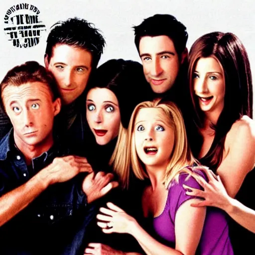 Prompt: a horror movie poster featuring the cast of Friends tv serie