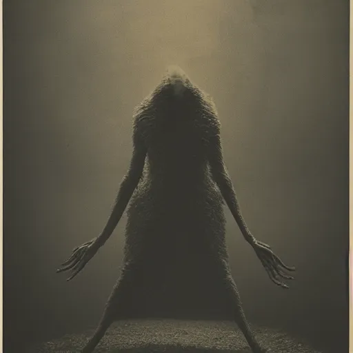 Prompt: vintage photography of realistic faceless beast-god with many long arms, a huge body covered with deep furs by Zdzisław Beksiński, odd eye, dark fantasy, asymmetry, blur, haze, fog, vignetting, platinum printing