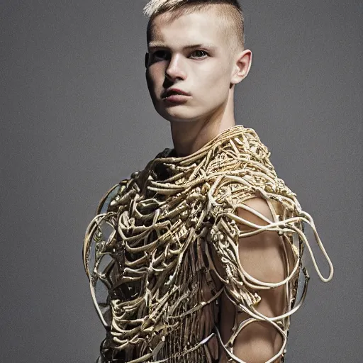 Prompt: a portrait of a beautiful young male wearing an alexander mcqueen armor made of cables , photographed by andrew thomas huang, artistic