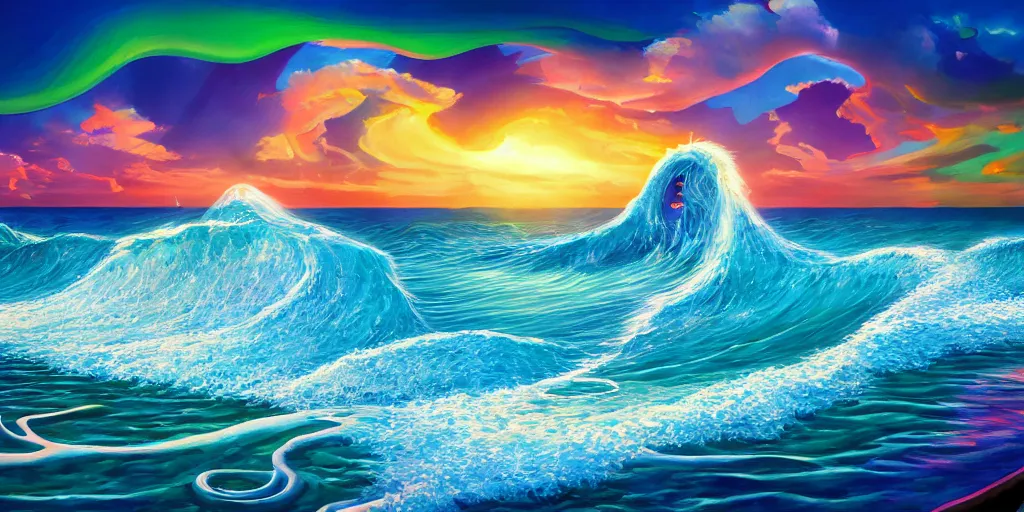 Image similar to A surrealist beach shaped like a singing mouth, the waves are made musical notes, one wave is shaped like the mouths tongue, Very colorful painting 8k trending on art station, Intricate details, very realistic, cinematic lighting, volumetric lighting,