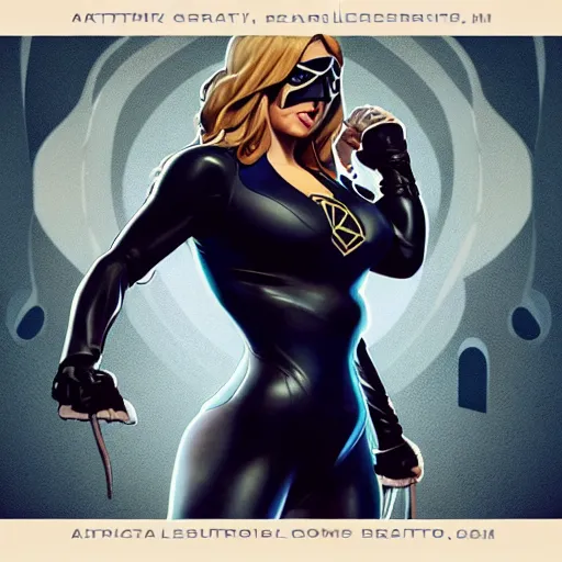 Image similar to character concept portrait, symmetrical, black canary, mask, her arms tucked behind her back, navy leotard costume, bust, curvaceous, medium shot. detailed, high quality, dynamic lighting, fantasy, shiny. artwork by artgerm, wlop, alex ross, greg rutkowski, alphonse mucha