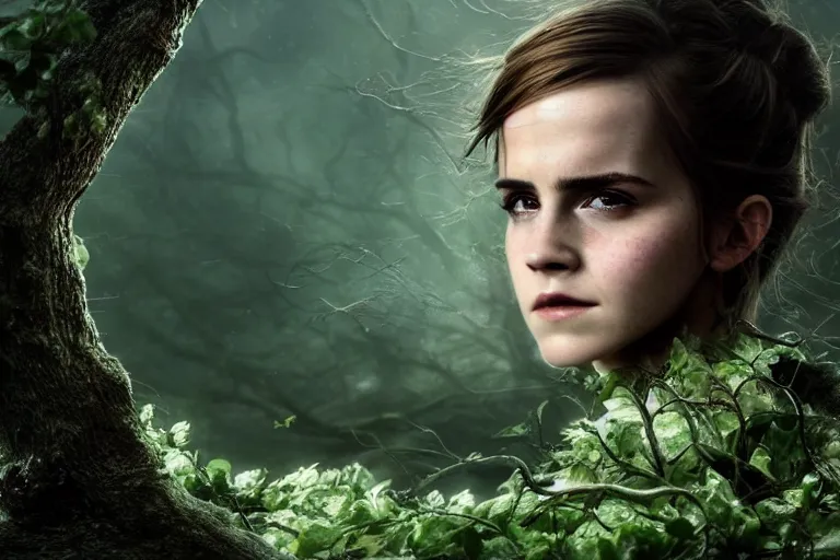 Prompt: an ultra realistic, cinematic, headshot portrait, of an emma watson avocado, fantasy, elden ring, branches wrapped, facial features, background of a vast serene landscape, with trees and rivers, detailed, deep focus, movie still, dramatic lighting, ray tracing, by michal karcz and yoshitaka amano