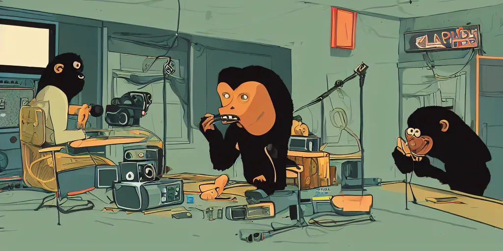 Prompt: ' black ape '!!! smoking'cannabis!!!!!!'in front of'radio console '!!!! and'multi monitors!!!!!!'in a tv broadcasting studio, artwork by james gilleard