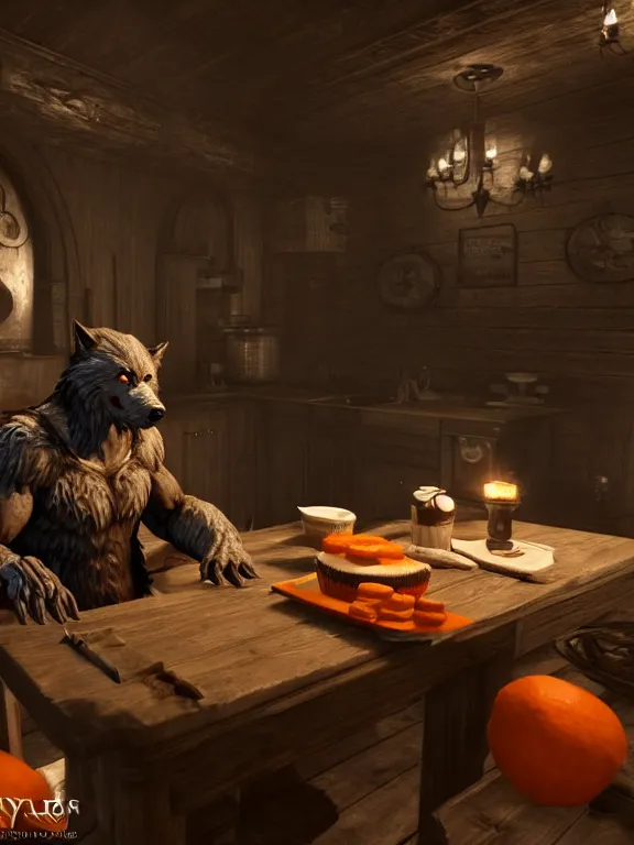 Image similar to cute handsome cuddly burly surly relaxed calm timid werewolf from van helsing sitting down at the breakfast table in the kitchen of a normal suburban home having fun baking cupcakes with orange frosting unreal engine hyperreallistic render 8k character concept art masterpiece screenshot from the video game the Elder Scrolls V: Skyrim