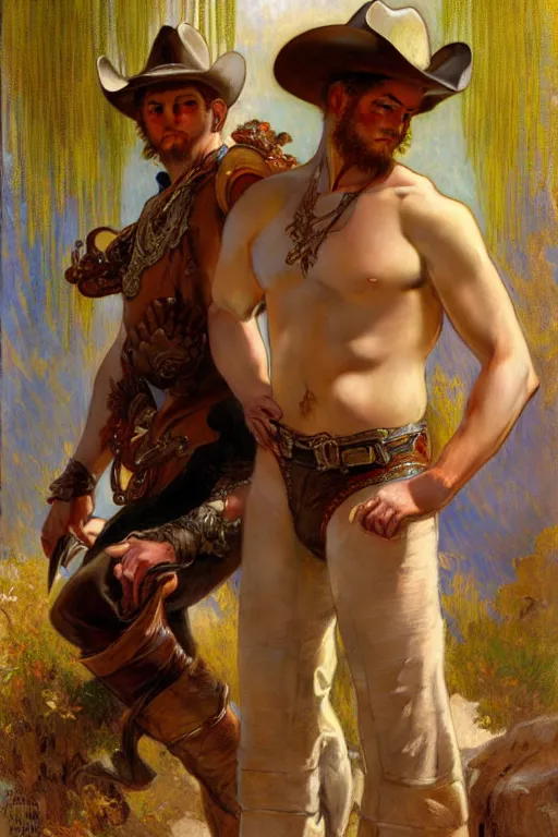 Prompt: a homoerotic painting by gaston bussiere, craig mullins, alphonse mucha j. c. leyendecker of two cowboy duelists in love | shirtless, leather clothing, bandoliers | natural lighting, path traced, highly detailed, high quality, digital painting, trending on artstation