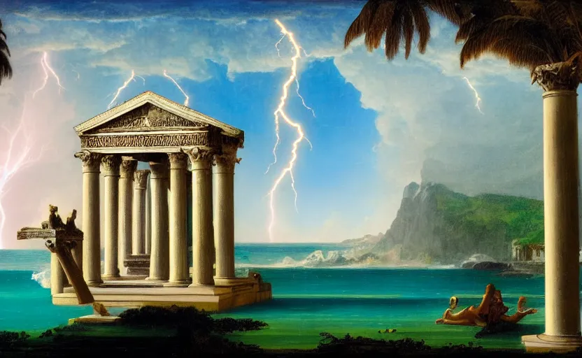 Image similar to Doric temple on front of balustrade and palace columns, refracted lightnings on the ocean, thunderstorm, tarot cards characters, beach and Tropical vegetation on the background major arcana sky and occult symbols, by paul delaroche, hyperrealistic 4k uhd, award-winning, very detailed paradise