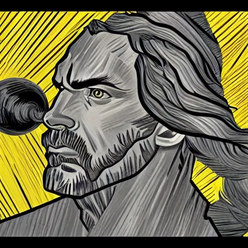 Image similar to portrait of zeus, mash - up between mc escher and vincent van gogh, marvel comics style