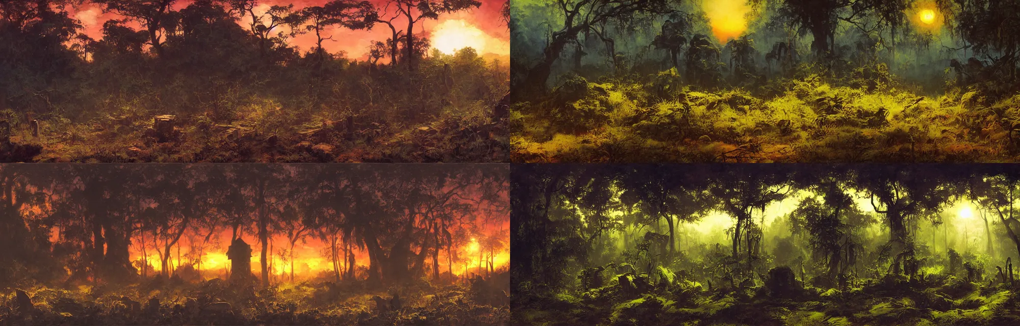 Prompt: single grave in moody jungle with backlight , sunset oil painting panorama by frazetta