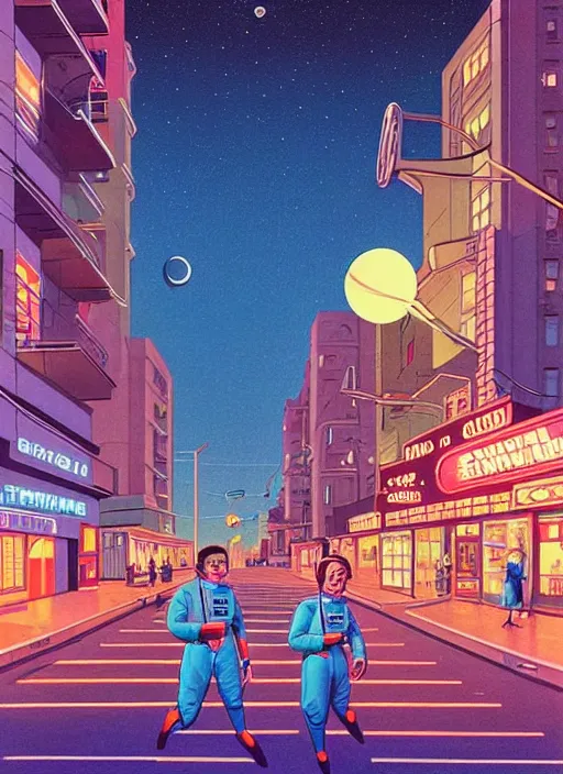 Image similar to 1 9 5 0 s street view retrofuturism at night by michael whelan and naomi okubo and dan mumford. cute 1 9 5 0 s astronauts. cel - shaded. bright paint