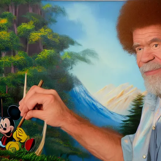 Image similar to a closeup photorealistic photograph of bob ross working on a canvas painting of mickey mouse. film still. brightly lit scene. mountains and trees. this 4 k hd image is trending on artstation, featured on behance, well - rendered, extra crisp, features intricate detail, epic composition and the style of unreal engine.