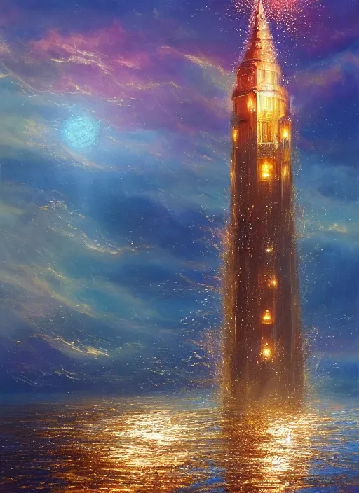 Prompt: a delicate sparkling gold fantasy tower splashes upwards from a turbulent ocean, dramatic lighting, rich colors, sunlight shimmering off the tower and the water and the spray, beautiful oil painting trending on artstation