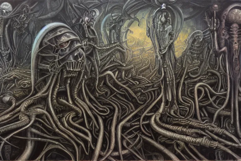 Prompt: h r giger inspired invasion of a desolated world, oil on canvas