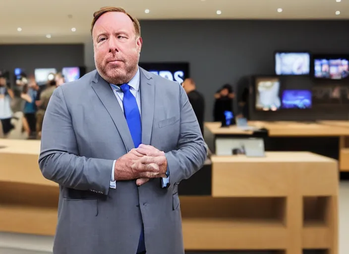 Image similar to dslr photo still of infowars host alex jones in a blue suit fat grey beard and mustache!!! depressed!!! in an!!! apple store trying to get his phone deleted!!!, 5 2 mm f 1. 8