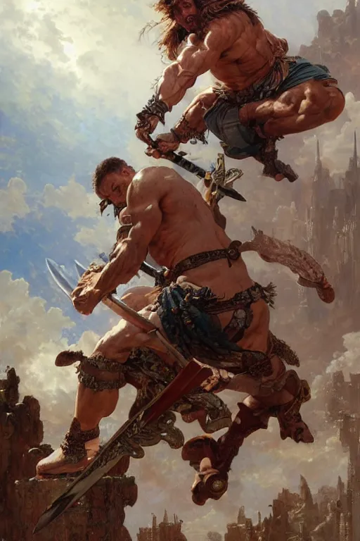 Prompt: muscular male barbarian stabbing the sky, intricate details, large sword, by Stanley Artgerm Lau, by greg rutkowski, by thomas kindkade, by alphonse mucha, loish, by norman rockwell J.