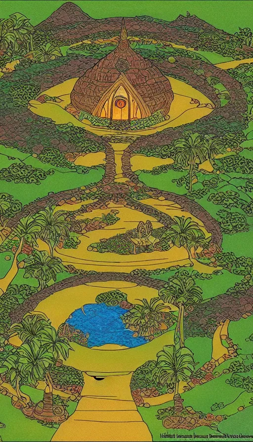 Image similar to hobbit monastery on hawaii, solarpunk, permaculture, by ivan bilibin,