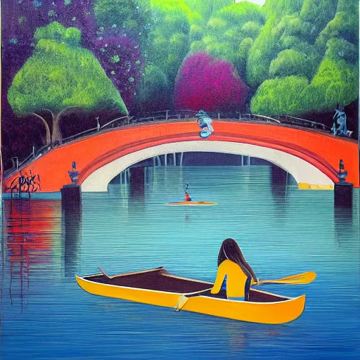 Image similar to surreal painting of a woman and a monster sitting together rowing a boat in central park