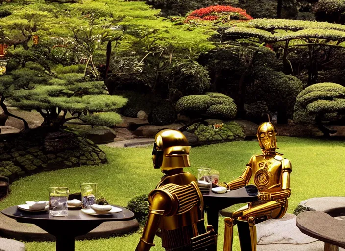 Image similar to C-3PO sitting at a bistro table in a lush japanese garden, still from star wars, shot on film, medium shot, depth of field, nature show, incredible detail, dramatic lighting