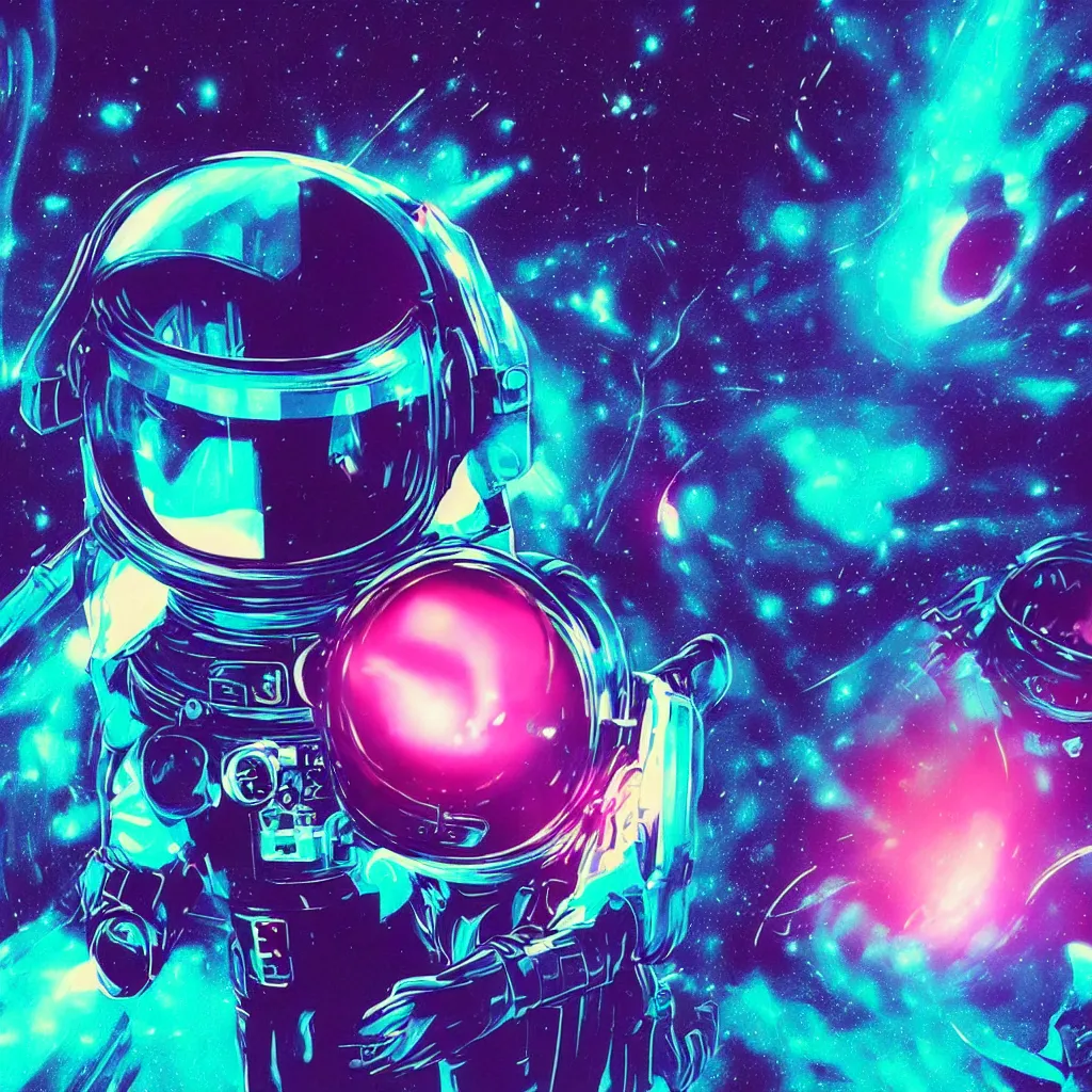 Prompt: astronaut sucked into blackhole, synthwave, glitchy, reflective, holographic, neon, trending on artstation