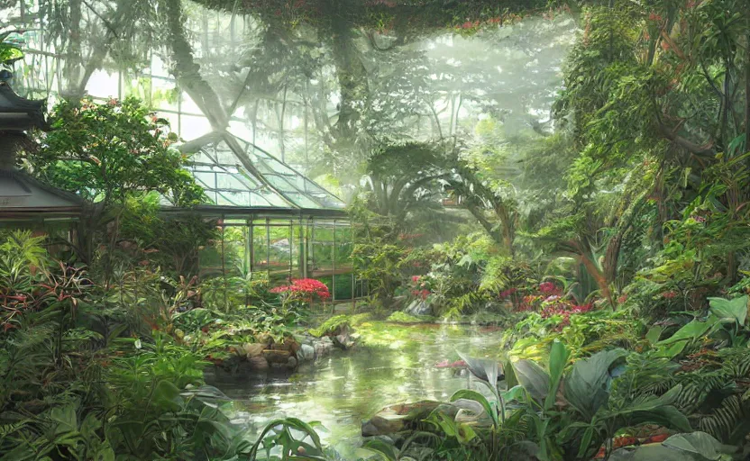 Prompt: japanese garden, jungle, greenhouse, sunrays, bay window, indoor, highly detailed, digital painting, artstation, art nouveau, concept art, sharp focus, illustration