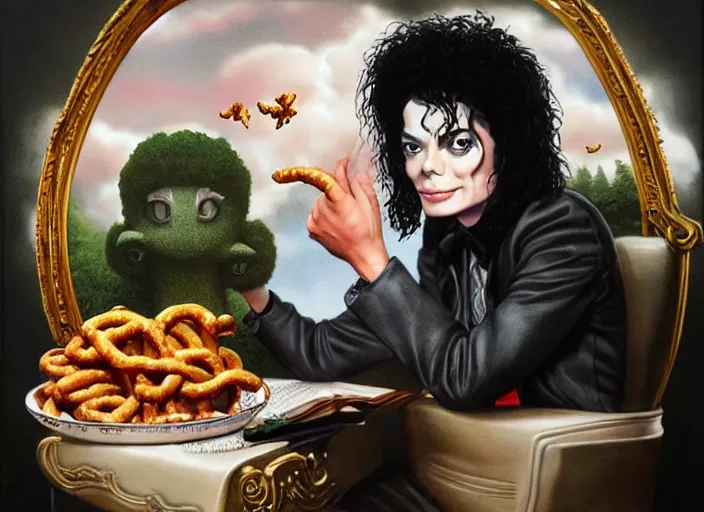 Image similar to michael jackson with pretzel hair, lowbrow, matte painting, 3 - d highly detailed, in the style of mark ryden,