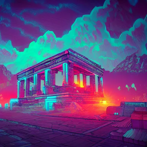 Image similar to neon ancient ruins, digital art, retrowave art, trending on art station