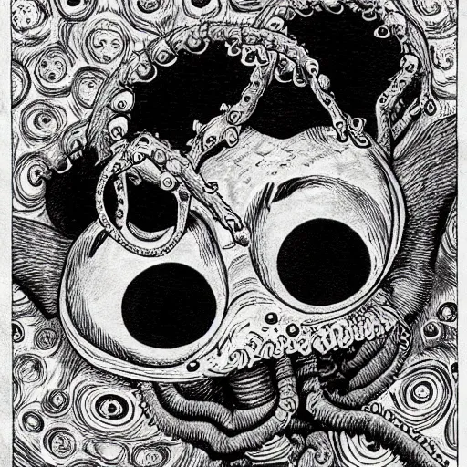 Image similar to a cute but frightening corgi with many eyes and tentacles, detailed horror manga drawing by junji ito, kentaro miura