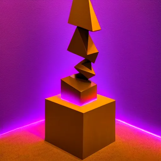 Image similar to geometric statue!!!, purple shattered paint!, hot glowing lava!!!!, (((conglomerate!, slush)), abstract!, museum display! 4k!, award-winning photo!!!!