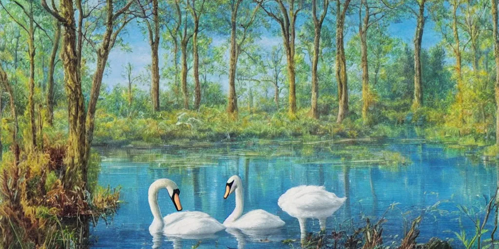 Image similar to painting of a small lake with two swans in it, in a forest, blue water, stunning colors, fairytale