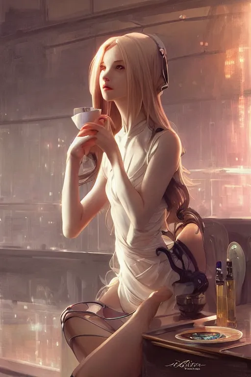 Image similar to an attractive serene cute android in a cafe, partially human , partially biomedical design , natural atmosphere, great high details, highly reaslitic, cinematic lighting, intricate, elegant, super highly detailed, art station, concept arD, beautiful, delicate, art by artgerm and greg rutkowski and alphonse mucha and loish and WLOP