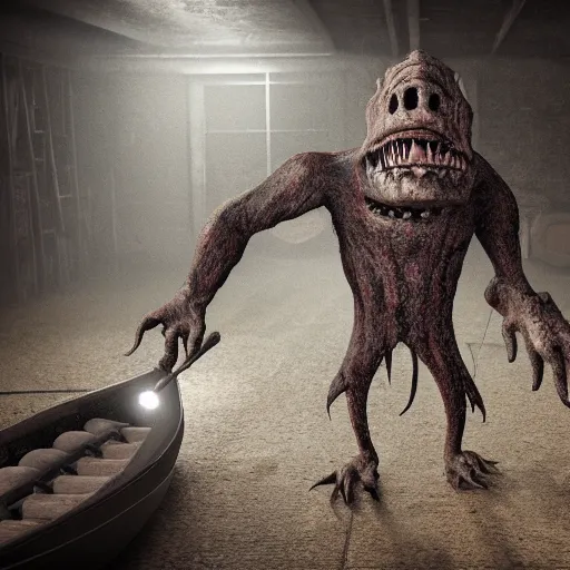 Image similar to creepy monster lurking in a dingy basement, 4 k, ultra realistic, highly detailed, epic lighting