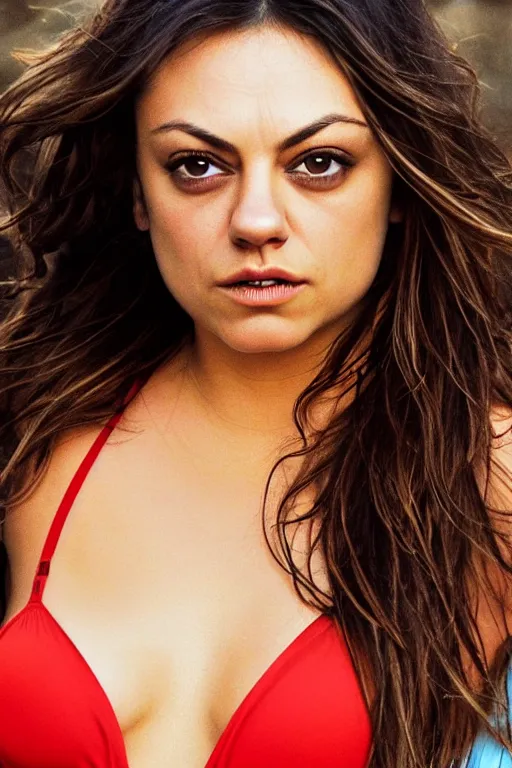 Image similar to pregnant mila kunis in a red bikini, realistic portrait, symmetrical, highly detailed, smooth, sharp focus, hdr 8 k film screenshot