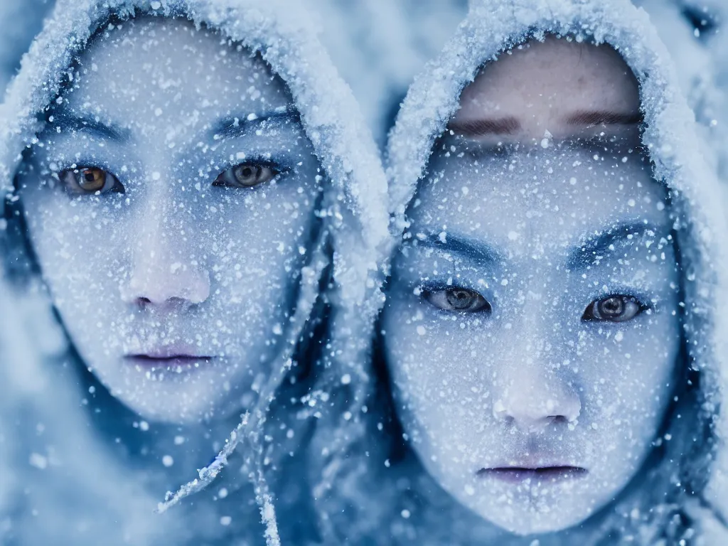 Image similar to the piercing blue eyed stare of yuki onna, freezing blue skin, mountain blizzard and snow, canon eos r 6, bokeh, outline glow, asymmetric unnatural beauty, blue skin, centered, rule of thirds