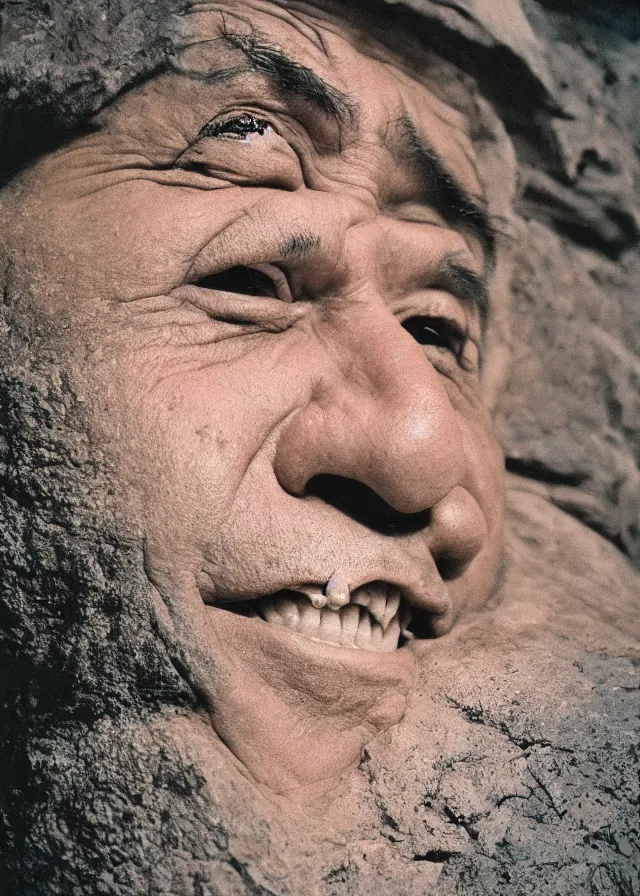 Prompt: danny devito's face carved into the side of an enormous mountain, photo, 2 4 mm f / 8, cinestill 8 0 0 t
